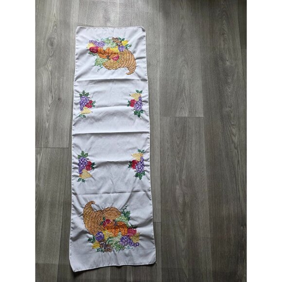 Thanksgiving Hand-Embroidered Cornucopia Table Runner With Fruit Design - Picture 3 of 8